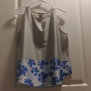 Ann Taylor White Grid Tank with Blue Floral Border